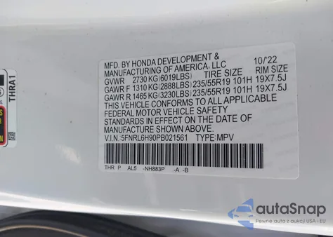 2023 Honda Odyssey Elite z USA, uszkodzony, nr VIN 5FNRL6H90PB021561